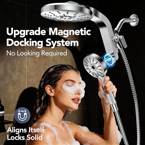 High Pressure Rain Showerhead Combo, 2026 Magnetic Shower Head Set with Detachable 8-Mode Handheld Shower Spray, Adjustable Angle Dual Showerhead System with Built-in Magnetic Docking and Power Jets - color: ‎Chrome