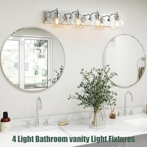 4 Light Bathroom Light Fixtures-Chrome Bathroom Vanity Lights, Modern Vanity Lights 4-Light Bathroom Lighting Fixtures Over Mirror with Clear Glass Globe Shade - color: Polished Chrome, size: 4-Light
