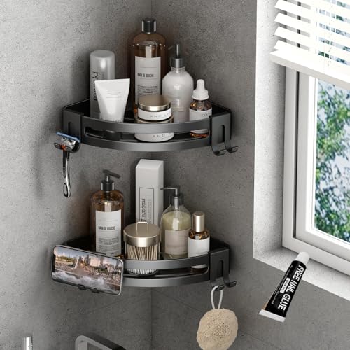 VOLPONE Corner Shower Caddy with Razor Holder Adhesive Shower Shelf Corner No Drilling Bathroom Corner Shower Organizer Storage Rack (2-Pack, Black) - color: Black