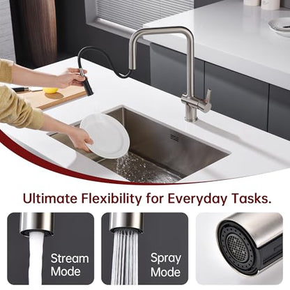 SUMERAIN Pull Down Kitchen Sink Faucet with Sprayer, Brushed Nickel | Stainless Steel, Single Hole, Single Handle, Dual Spray Modes, 360° Swivel Spout, Easy Installation, Modern - color: Brushed Nickel