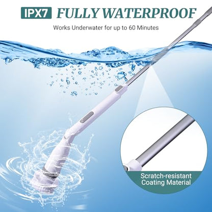 Electric Spin Scrubber, IPX7 Waterproof Shower Cleaning Brush with 8 Replaceable Brush Heads, Extendable Long Handle and 2 Adjustable Speeds Tools White
