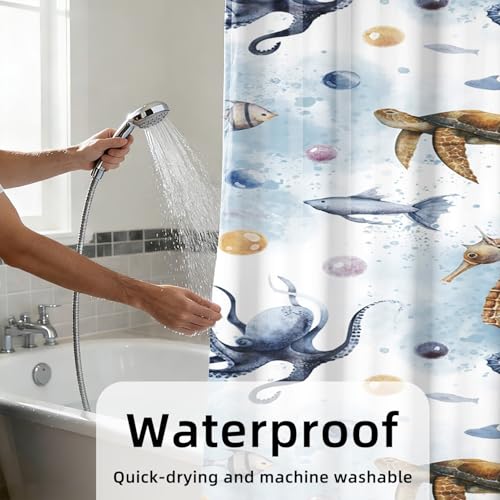 Yeele Ocean Creatures Watercolor Shower Curtain, Turtle Octopus Blue Print Shower Curtain, Waterproof Machine Washable Fabric Bath Curtain 36x72 Inch with Grommets and Hooks - color: Blue 1, size: 36"W x 72"L (Pack of 1)