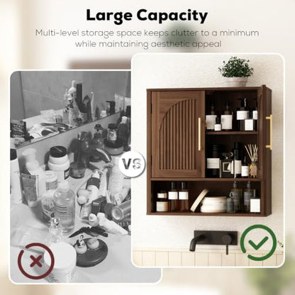 RUSTOWN Fluted Bathroom Wall Cabinet with Arched Doors & Rounded Edges | Over The Toilet Storage Cabinet with Adjustable Shelf, Mid Century Modern Medicine Cabinets, Laundry & Kitchen Shelving Unit - color: Dark Walnut