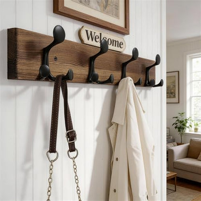 WEBI Coat Rack Wall Mount,24" Solid Wood Coat Hooks Wall Mounted Coat Hanger,16" Hole to Hole,Heavy Duty Hook Rack,4 Triple Hooks for Hanging Coats,Jacket,Hat,Backpack,Farmhouse,Brown - color: Brown, size: 24 Inch