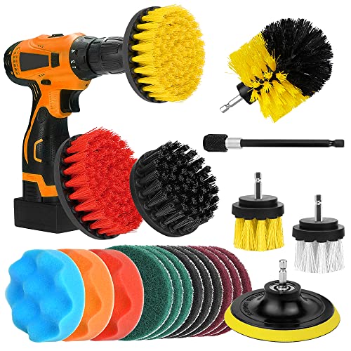 Drill Brush Attachments 20 PCS Scrub Pads & Sponge Power Scrubber Brush with Extend Long Rod All Purpose for Grout, Bathroom Surface, Sinks, Corner, Car Detailing, Carpet, Floor, Laundry Room Cleaning
