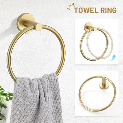 TURS Brushed Gold 5 Piece Bathroom Hardware Set, SUS304 Stainless Steel Bath Towel Bar Set, 23.6 Inch Round Bathroom Accessories Kit Wall Mounted - color: Brushed Gold