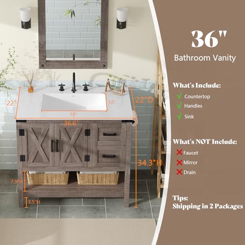 AMERLIFE 36" Gray Farmhouse Bathroom Vanity with Sink and 2 Drawers | Light Gray, Single Solid White Integrated Top, Moisture-Resistant MDF, 2 X-Panel Doors, 2 Drawers, Open Shelf, Towel Holder - color: Light Gray, size: 36”