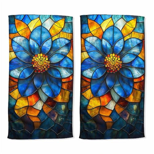 Stained Glass Bath Hand Towel Set of 2 Blue Floral Bright Color Absorbent Hand Towels Decorative Kitchen Dish Towel Guest Bathroom Towels 14x28 inch - color: Stained Glass