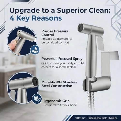 TRIPHIL Handheld Bidet Sprayer for Toilet, Adjustable Water Pressure Jet Bidet Attachment with Leak-Proof 304 Stainless Steel T-valve for Bathroom Cleaning, Cloth Diaper/Feminine Wash, Brushed Nickel - color: Brushed Nickel