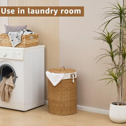 Round Wicker Laundry Hamper with Lid Handwoven Rattan Basket with Handles for Dirty Clothes, 2 Washable Liner Bags, No Assembly Required, Washable Basket, 60L - color: Rattan, size: 60L