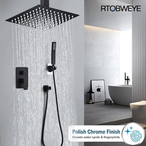 10 Inch Shower Faucet Set Ceiling Mount, High Pressure Rainfall Shower System, Square Rain Shower Spray Combo Luxury Shower Fixtures Matte Black - color: Matte Black, style: 10 Inch