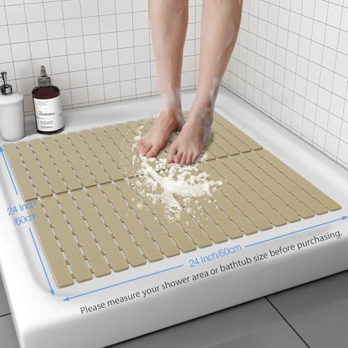 Shower Mat Non-Slip Bath Mat for Tub and Shower Stall,236 Suction Cups with Drain Holes, Quick Dry Machine Washable, Extra Grip for Stand Up Showers, Bathroom Essentials 24x24 Inch (Brown) - color: Brown
