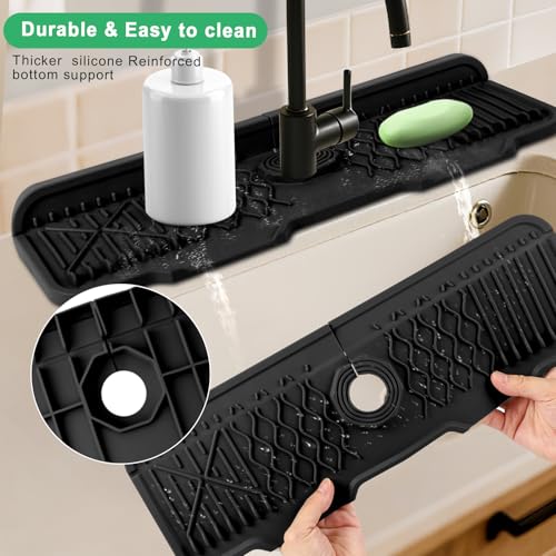 17 Inch Faucet Mat For Kitchen Sink Splash Guard Behind Faucet, ，5°Slope Fast Draining Silicone Mat , Dish Soap Sponge Holder for Bathroom Sink kitchen sink organizer (black, 17" x 6") - color: Black