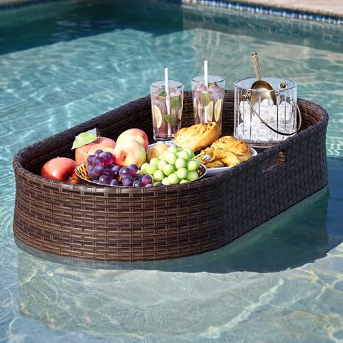 Devoko Pool Floating Tray 38”x20” Wicker Swimming Pool Drink Holders, Brown | Large Oval Portable Serving Tray with Handles Wicker Swimming Pool Bar Accessories Floating Table for Adults, Spas, Parties - color: Brown