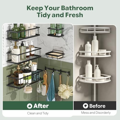 Simple Trending 6 Pack Shower Caddy Adhesive, Rustproof Shower Shelves | Stainless Steel Shower Organizer with Large Capacity, No Drilling Bathroom Organizers and Storage for Home Decor, Black