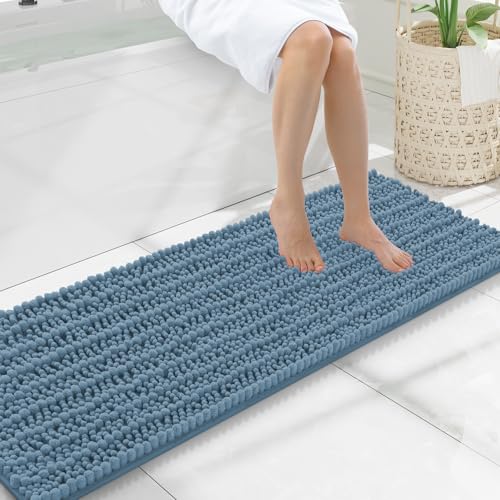 Smiry Bathroom Rugs Mat 47x17, Extra Soft Absorbent Chenille Bath Rugs, Non Slip Rubber Backing Machine Washable Quick Dry Bath Mats for Bathroom Floor, Tub, Shower, Home Accessories, Grayish Blue - color: Grayish Blue, size: 47'' X 17''