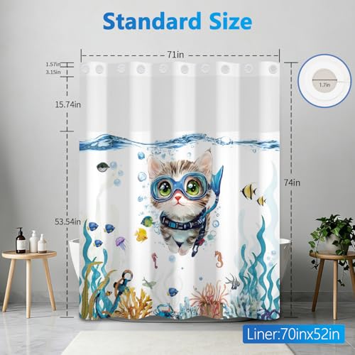 Ocean Shower Curtains for Bathroom, Cute Diving Cat No Hook Shower Curtain with Mesh Top Window and Detachable Liner, 71x74 Inch Waterproof Fabric Shower Curtain with Built-in Rings and Weighted Hem - color: Cat