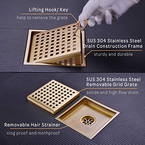 6 inch Stainless Steel Square Shower Floor Drain with Threaded Adapter, Removable Cover Grid Grate, Brushed Gold Brass Finished - color: Brushed Gold