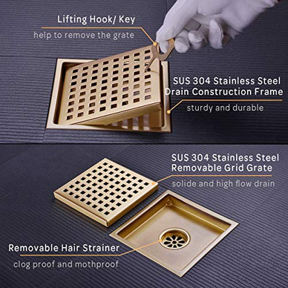 6 inch Stainless Steel Square Shower Floor Drain with Threaded Adapter, Removable Cover Grid Grate, Brushed Gold Brass Finished - color: Brushed Gold