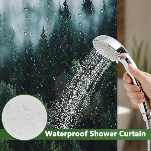 No Hook Shower Curtain with Snap in Liner, Misty Forest Easy Hang Double-layer Waterproof Fabric Shower Curtain with Sheer Top Window, 71x74 Inches Summer Bathroom Shower Curtain Sets and Weighted Hem - color: Misty Forest