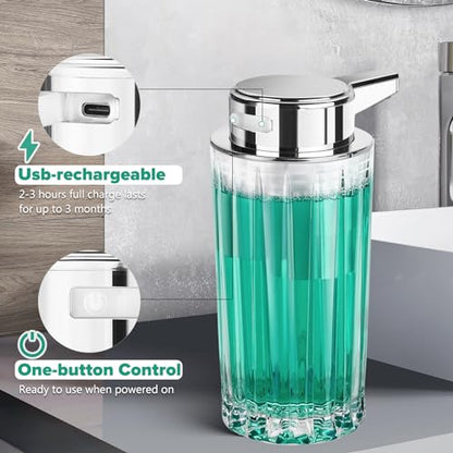 Automatic Soap Dispenser Foam for Kitchen: 11 OZ Glass Touchless Clear Auto Foaming Soap Dispenser for Bathroom - Hand Dish Lotion Home Countertop Kids - Family Couple - color: Vertical Stripe Style Foam