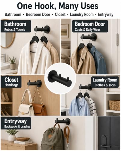 Hooks Heavy Duty Shower Hooks wall Hooks Hooks for Hanging | 304 stainless steel double hooks for bathroom, bedroom, closet, laundry, backpacks, bags and pet leashes - color: Matte Black
