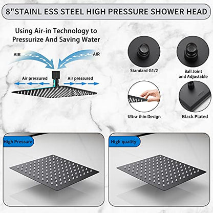Black Shower Faucet GGStudy Single Function Shower Trim Kit with Rough-in Valve Shower Set Bath Rainfall Shower Faucet System 8inch Square Stainless Steel Metal Shower Head - color: Black, style: Square