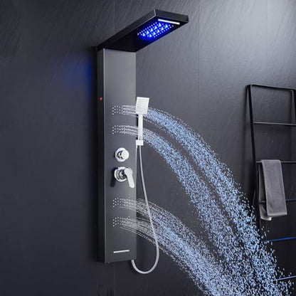 Stainless Steel Shower Panel Tower System with LED Lights, 5 in 1 Shower Panel with Rainfall Waterfall Shower Head, Body Spray, Handheld Shower, Tub Spout (Black) - color: Black - Wave Body Spray