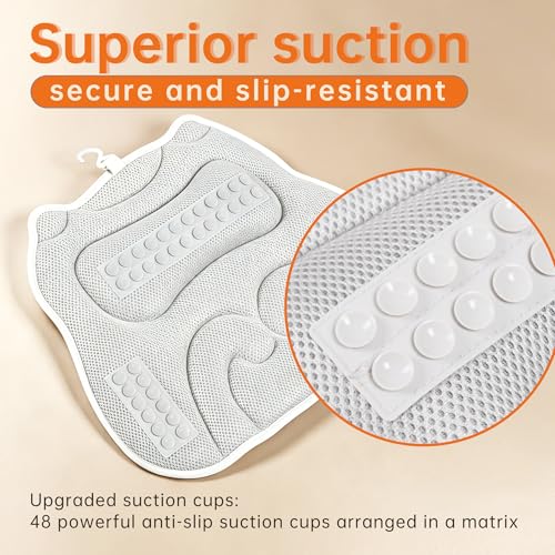 Bath Pillow for Tub,48 Non-Slip Suction Cups,Soft 4D Breathable Air Mesh | Ergonomic,Head,Neck and Back Support,Suitable for hot tub,jacuzzi,spa,Quick-dry non-slip.Machine washable,Bath Gifts,White - color: Gray