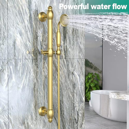 Brass Shower Slide Bar with Handheld Shower Head, Adjustable Height Wall-mounted Retro Hand Shower Head Holder with 59 inch Hose for Bathroom, Brushed Gold - color: Brushed Gold