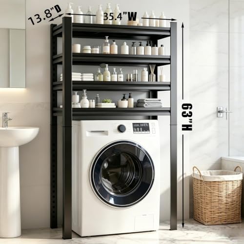 Over The Washer and Dryer Storage Shelf, Height-Adjustable 4-Tier Metal Organizer Rack for Washer Dryer, Space Saving Laundry Room Washer Shelf for Kitchen, Apartment, Black (63" Hx35.4" Wx13.8" D) - size: 63" Hx35.4" Wx13.8" D