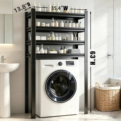 Over The Washer and Dryer Storage Shelf, Height-Adjustable 4-Tier Metal Organizer Rack for Washer Dryer, Space Saving Laundry Room Washer Shelf for Kitchen, Apartment, Black (63" Hx35.4" Wx13.8" D) - size: 63" Hx35.4" Wx13.8" D