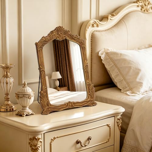 Besdomus Antique Makeup Desk Mirror: 11"x14.5" Small Gold Bow Table Vanity | Antique Standing Carved Mirror - Baroque Traditional Ornate for Bedroom/Vanity Table/Living Room - Ideal for Ages 18-45 - size: 11"L x 14.5"W