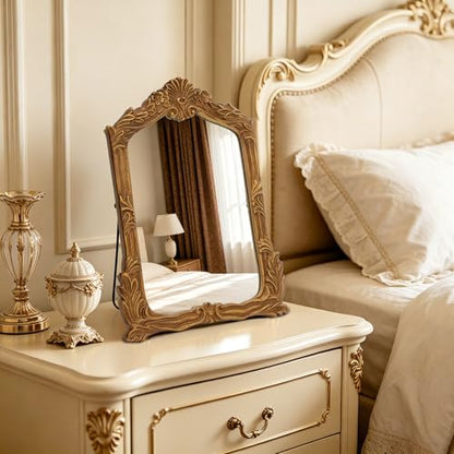 Besdomus Antique Makeup Desk Mirror: 11"x14.5" Small Gold Bow Table Vanity | Antique Standing Carved Mirror - Baroque Traditional Ornate for Bedroom/Vanity Table/Living Room - Ideal for Ages 18-45 - size: 11"L x 14.5"W