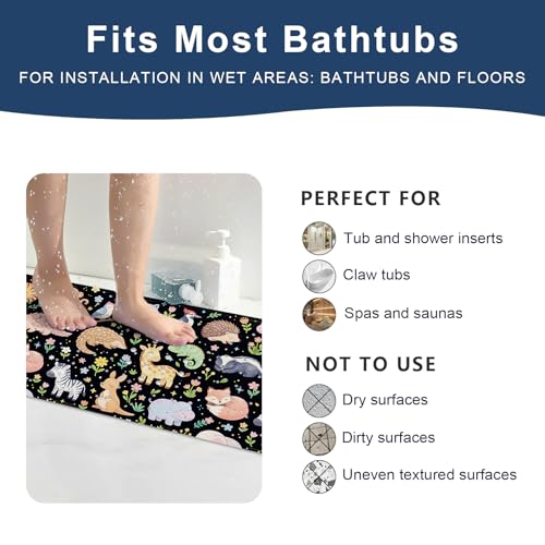 Baby Bath Mat for Tub Non Slip Kids, BPA Free Extra Long Bathtub Mat 40x16 with Drain Holes and 200 Suction Cups, Non Toxic Machine Washable Toddler Bath Mat, Eco-Friendly Certified - color: P-black Animal Collection