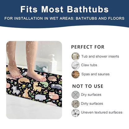 Baby Bath Mat for Tub Non Slip Kids, BPA Free Extra Long Bathtub Mat 40x16 with Drain Holes and 200 Suction Cups, Non Toxic Machine Washable Toddler Bath Mat, Eco-Friendly Certified - color: P-black Animal Collection