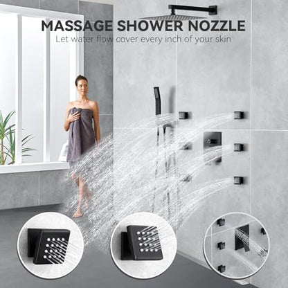 Rain Shower System With Complete 6 Pcs Body Sprays Jets And Pressured Balance Rough-in Valve,12Inch Rainfall Shower Head And Handheld, Modern Matte Black Wall Mount Shower Faucets Sets - color: Matte Black, style: Wall-Mounted 6 Jets
