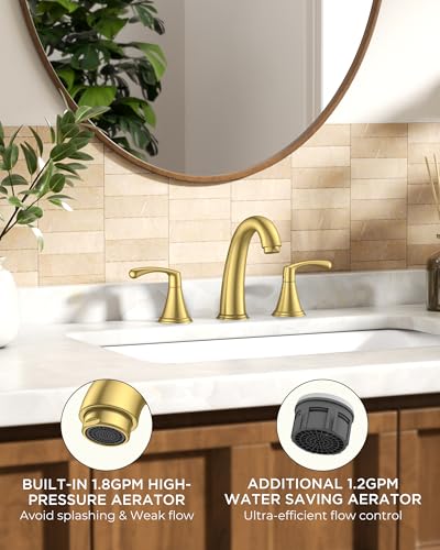 FORIOUS Bathroom Sink Faucet 3 Hole Widespread 8 Inch 2 Handle Brushed Gold | 3-hole 6-12 Inch Widespread Sink Faucets with Drain and Water Supply Lines, for Vanity Rv Commercial Lavatory Restroom Basin - color: Brushed Gold, style: Modern