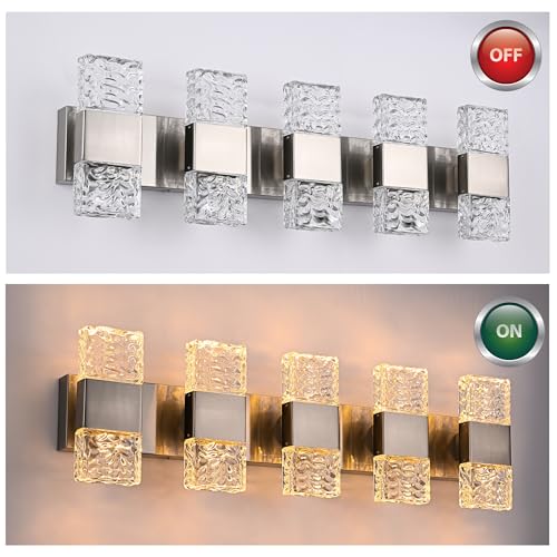 MELUCEE 30.3 in LED Bathroom Lighting Fixtures Brushed Nickel Dimmable 40W | LED Vanity Light Modern Bathroom Light Bar Crystal Wall Sconce for Bath Restroom Powder Room, 3000K Warm Lighting - color: Brushed Nickel, size: 5 Lights