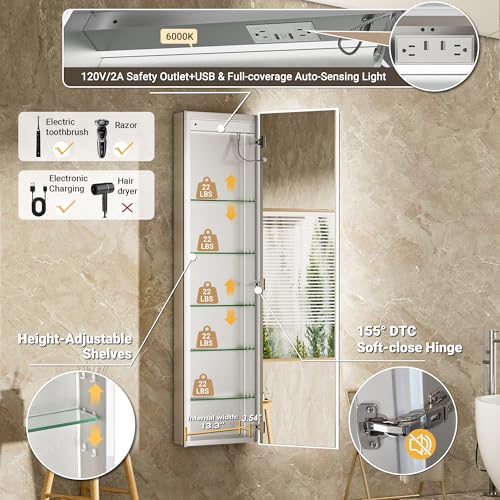 Surface or Recessed Backlit Medicine Cabinet Mirror 16x60 Inch Tall, Pre-assembled Dimmable LED Mirror Cabinet with Outlet & Inner Light, Lighted Medicine Cabinet, 155° Soft-close Right Hinge - size: 16x60'' (Right Hinge)