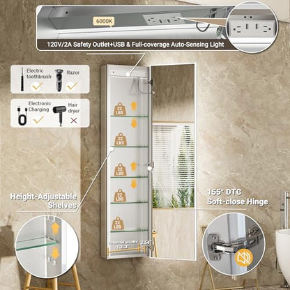 Surface or Recessed Backlit Medicine Cabinet Mirror 16x60 Inch Tall, Pre-assembled Dimmable LED Mirror Cabinet with Outlet & Inner Light, Lighted Medicine Cabinet, 155° Soft-close Right Hinge - size: 16x60'' (Right Hinge)