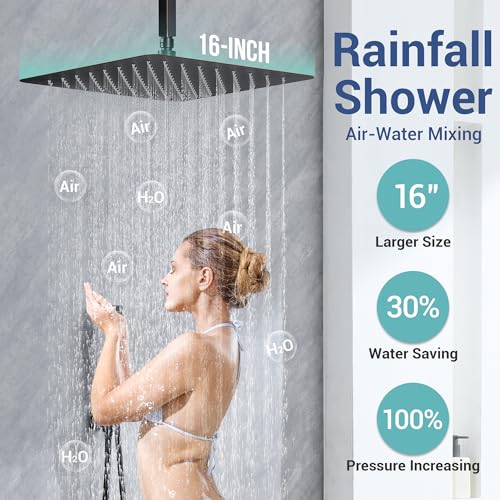 Thermostatic Shower System with 6 Body Jets & 16-Inch Ceiling Rainfall Shower Head, Oil Rubbed Bronze Luxury Full Body Shower Faucet with Handheld Sprayer, Shower Fixtures Set with Valve - color: Oil Rubbed Bronze
