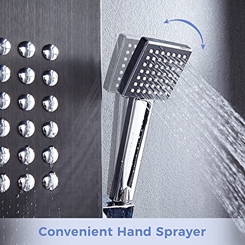Delavin Multi Fuction Shower Panel, Shower Tower, Rainfall Waterfall Stainless Steel Shower Panel Tower System, Full Body Shower System with Body Jets, Tub Spout, Handheld Shower, Brushed Black | Stainless Steel, Rainfall Waterfall, Body Jets, Tub Spout,