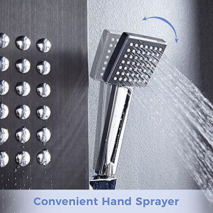 Delavin Multi Fuction Shower Panel, Shower Tower, Rainfall Waterfall Stainless Steel Shower Panel Tower System, Full Body Shower System with Body Jets, Tub Spout, Handheld Shower, Brushed Black | Stainless Steel, Rainfall Waterfall, Body Jets, Tub Spout,