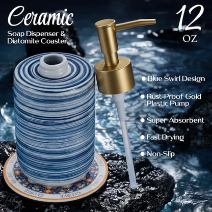 Ceramic Soap Dispenser Set - Compact Refillable Hand & Dish Soap Dispenser for Bathroom & Kitchen, Non-Slip Absorbent Mat & Silicone Funnel, Space-Saving Countertop Design, 11.8 oz