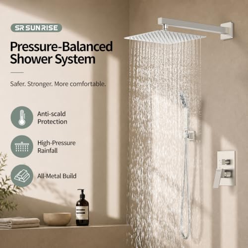 SR SUN RISE Shower Faucet Set Bathroom Square Rain Shower Head with Handheld Spray Wall Mounted Rainfall Shower Fixtures Brushed Nickel Shower Faucet Trim Repair Kits (Contain Shower Valve)10 Inches - color: Brushed Nickel, size: 10 Inch