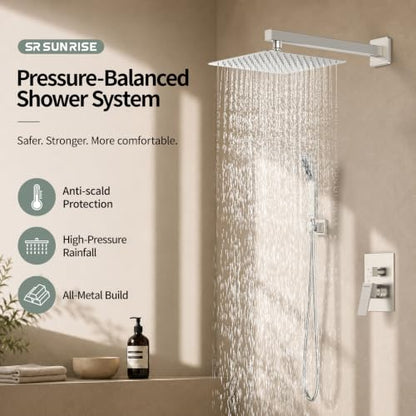 SR SUN RISE Shower Faucet Set Bathroom Square Rain Shower Head with Handheld Spray Wall Mounted Rainfall Shower Fixtures Brushed Nickel Shower Faucet Trim Repair Kits (Contain Shower Valve)10 Inches - color: Brushed Nickel, size: 10 Inch