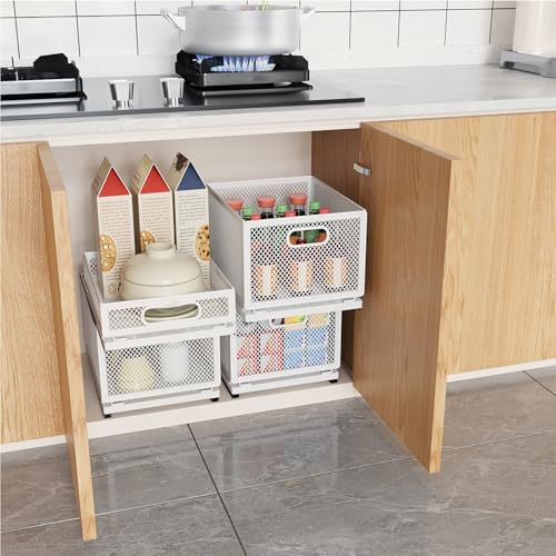 Pull Out Cabinet Organizer, Slide Out Drawers Fixed with Adhesive Nano Film, Pantry Shelves Sliding Drawer Storage Organization for Kitchen (Double Layer 15.7 * 9.4 * 16.6inch/40 * 24 * 42.4cm) - size: 15.7*9.4*16.6inch/40*24*42.4cm