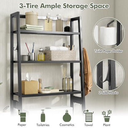 GIANTEX Over The Toilet Storage, 3-Tier Freestanding Bathroom Space Saver with 2 Hooks, Toilet Paper Holder & Adjustable Bottom Bar, Metal Over Toilet Bathroom Organizer for Restroom, Laundry (Black) - color: Black