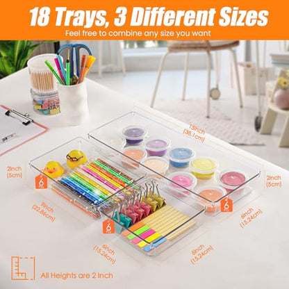 18 Pcs Large Size Clear Drawer Organizer Set, Acrylic Non Slip Non Cracking Kitchen Drawer Storage Tray Divider, Multifunctional Storage for Cosmetics, Bathroom, Tools, Kitchen and Office - size: 18 Pack